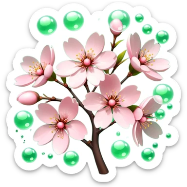 Blooming cherry blossom surrounded by bubbles and green lighting sticker