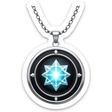 magical onyx pendant glowing with silver light, surrounded by tiny cosmic sparks, chain suspended invisibly sticker