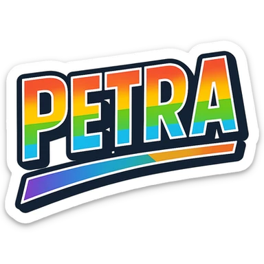 The name 'Petra' in modern, precise Hungarian letters with a rainbow gradient fill, extra thick white letter border, dark contour, transparent background, dynamic slanted underline, in the style of the reference samples. sticker