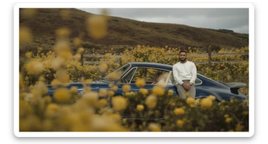 A portrait of a white person next to porsche 911 in the foreground, blurred plants in the foreground, a wooden fence and colorfull flowers in the midground, rolling hills in the background, cinematic depth of field, layered composition, natural lighting sticker