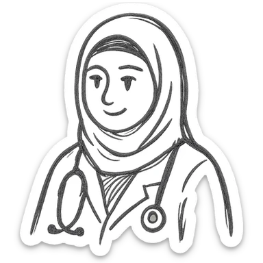 Make the hijabi a doctor with hand-drawn style and soft lines, conveying warmth and approachability. sticker