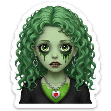a green zombie girl with a scar on her face, long curly hair, wearing a black blouse and a silver necklace with a heart pendant downcast eyes and eyeliner sticker
