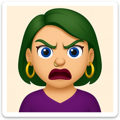 Create an emoji style image of a girl with green hair and an angry expression. She has blue eyes, lipstick blended with dark red and purple, gold hoop earrings, and a nose ring. sticker