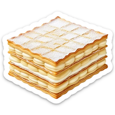 Cinematic delicate mille-feuille, thin crispy pastry layers filled with smooth vanilla cream, dusted with powdered sugar, elegant presentation, highly detailed and sophisticated. sticker