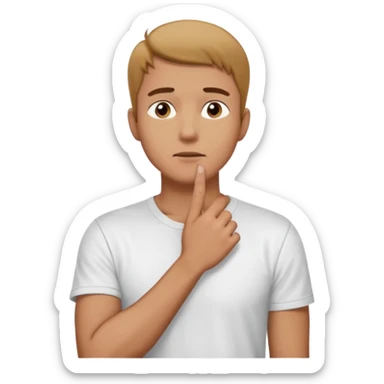 man standing, looking up to the top right, right hand touching his chin, thinking pose, thoughtful expression
 sticker