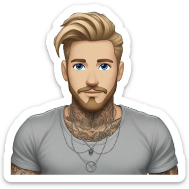 Man with Light brown hair, neck tattoos, arm tattoos, mustache and beard, blue eyes, silver nose piercing hoop, black anime graphic tee sticker