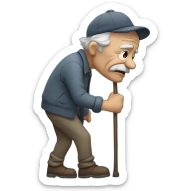 Old man leaning on a walking cane and holding his crancky back with his hand, grumpy face, detailed sticker
