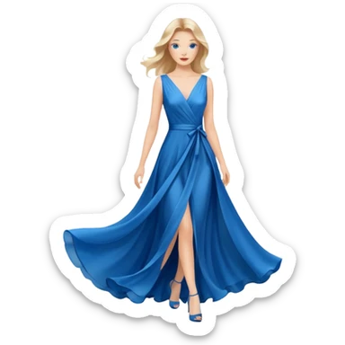 A model woman walking down a fashion runway in a beautiful blue dress sticker