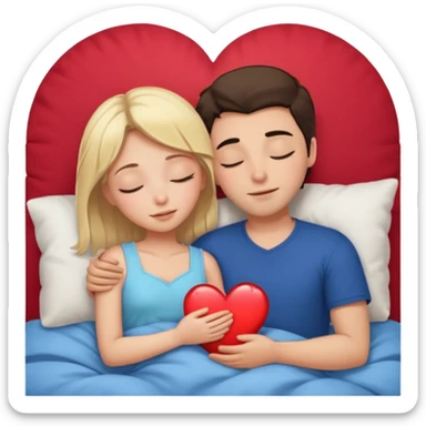 cuddling in bed, asleep. blonde girl. brunette man. eyes closed. heart between them. sticker