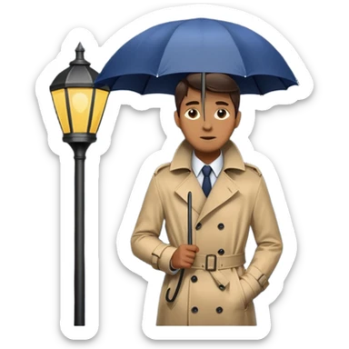 Man with umbrella + streetlight reflection, Midnight Wanderer. sticker