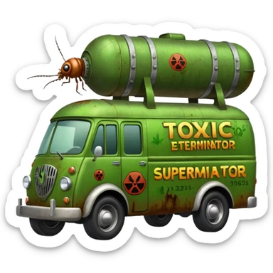 Heroic SuperBug Ron’s toxic-oozing exterminator superminator antique tall moving van (motto: Bombing creepy bugs is fun) sticker