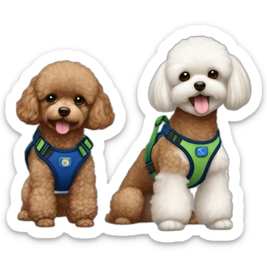 Brown toy poodle wearing dark blue harness and all white Maltese wearing green harness sticker