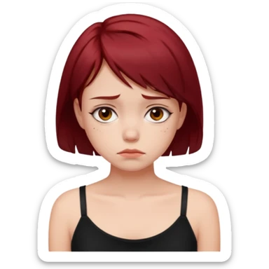 generate a pretty fair bratz girl with short dark red hair looking sad . Wearing a black cami sticker