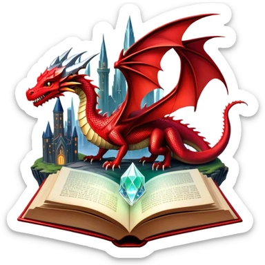 Icon for Fantasy and Science Fiction: a magical book with glowing pages, surrounded by a dragon, a spaceship, a wizard’s staff and a futuristic cityscape. The icon should capture the adventure, magic, and imagination of fantasy and sci-fi worlds. Transparent background. sticker