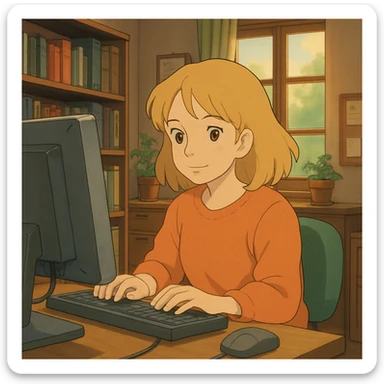 brown-eyed blonde young woman working on a computer in a cozy office sticker