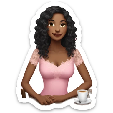 pretty light brown woman with long black curly mid length hair drinking tea wearing pink lace top sticker