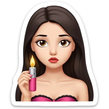 girl with lighter skin, dark brown long straight hair, pouty shiny lips without cupid's bow, large eyes, lighter button nose, long oval-shaped face, wearing a bandeau top sticker