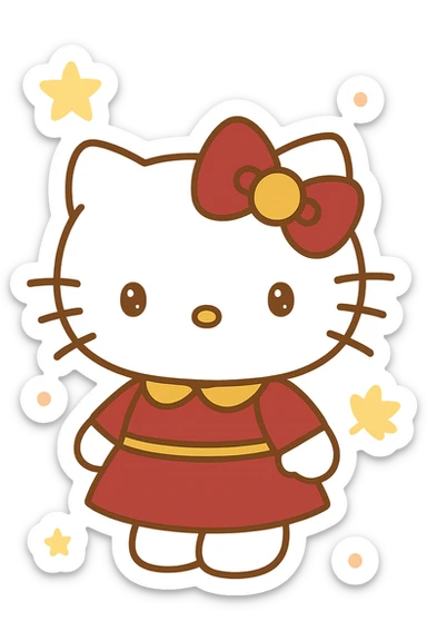 Hello Kitty Autumn Style, with a burgundy and metallic gold bow, and a matching outfit sticker