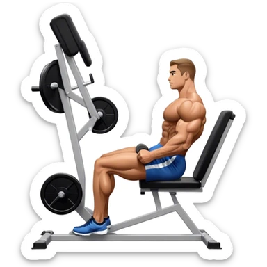 side-view bodybuilder seated weighted calf-raise machine lower leg exercise sticker