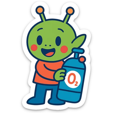 smiling alien character holding an oxygen tank, cartoon style, simple background, cheerful vibe sticker