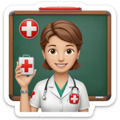 happy teacher with white board brown hair updo, first aid shirt sticker