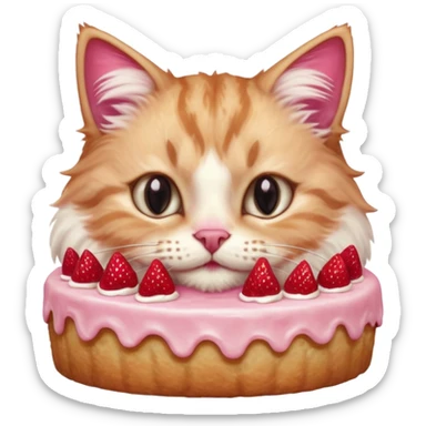 Close-up portrait of a fluffy cat eating a strawberry cake, pink cream on its nose and whiskers, detailed fur texture, soft natural light, shallow depth of field, high resolution, cute and candid moment
 sticker