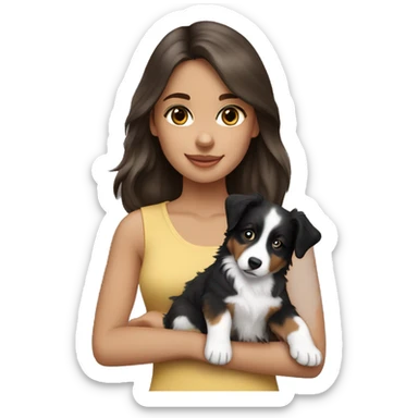 Brunette long hair light tan girl with black and white Australian shepherd puppy sticker