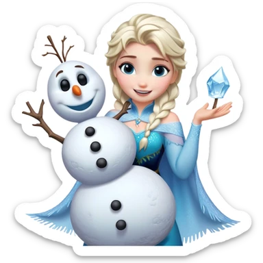 Cinematic Funny Elsa Portrait Emoji, Making a tiny snowman in her hands with a proud grin, looking smug as it dances, an unexpectedly hilarious moment of icy creativity! sticker
