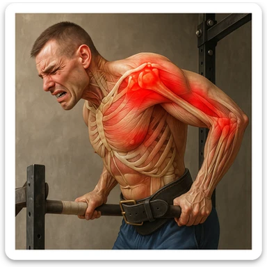 Hyperrealistic 4K anatomical illustration of a man performing a dip on parallel bars in a lateral position as in the reference image. Expression of shoulder discomfort and pain. Highlight muscles and bones of the shoulder with red areas indicating pain. Realistic anatomical details, gym atmosphere. Variant 1. sticker