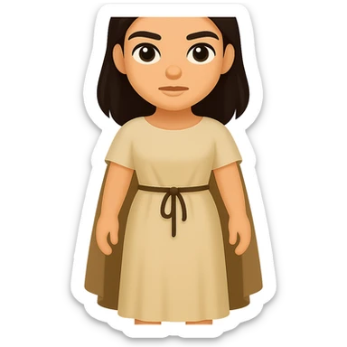 Create a fullbody view of a character in the style and proportions of the reference image. The character should wear a plain light tan dress, have dark hair, and wear a cape like in the reference image. The style is emoji style with a transparent background. sticker