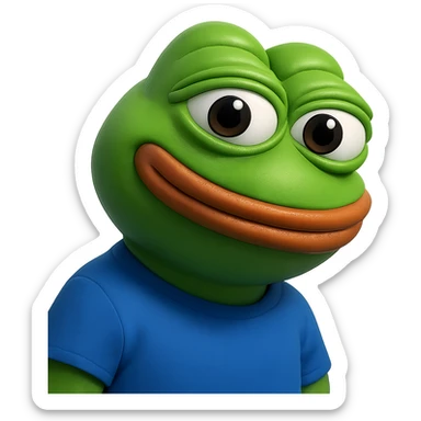 pepe in
- 3d style
- bright green
- blue shirt
- smiling
- looking straight at the camera
- good highlights and shadows
- 30deg angled towards the right
- 20% inset padding sticker