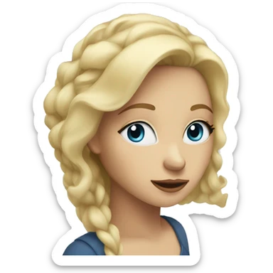 woman with blonde hair and blue eyes sitting by a window sticker