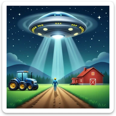 UFO abduction scene with a human being lifted by a tractor beam at night sticker