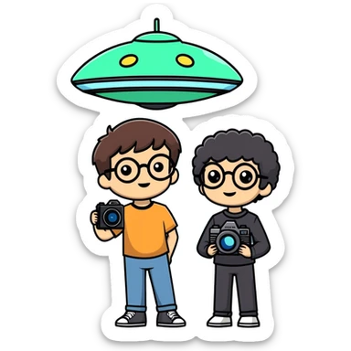 A little boy with straight black medium-length hair, white skin, and black eyes wearing black-framed glasses is taking photos on a UFO with a camera. Beside him, there is an alien and a brown round-headed poodle. sticker