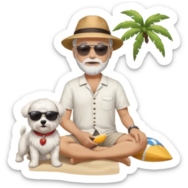 white man grey hair beard holding a white Maltese relaxing on a beach full body sticker