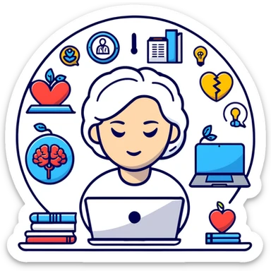 cartoon female psychologist looking tired but determined, laptop and notebook in front, surrounded by psychology icons brain heart mirror, modern and expressive sticker