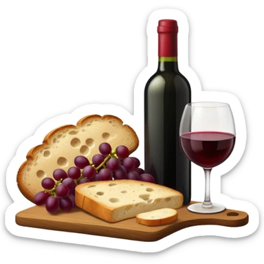 Make me some wine with bread and grapes, Do it on a board, so it looks elegant sticker