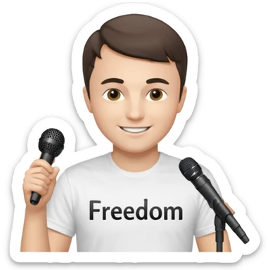 Charlie kirk wearing a white tee shirt that says freedom in plan black text holding a mic sticker