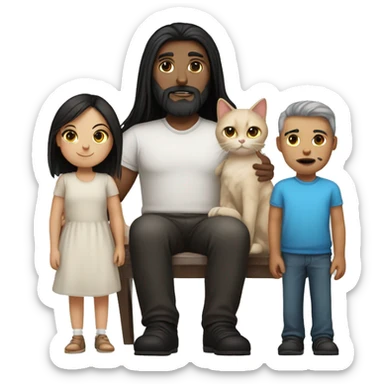 Black long hair mum and bald white bearded dad, one long brown hair girl, one black and white cat  sticker