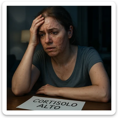 hyperrealistic 4K detailed image of a woman with PCOS and high cortisol, face with acne, chin hair, thin hair, very stressed expression, sweating on forehead, sheet with 'CORTISOLO ALTO' written on the table, nighttime home environment, blue light sticker