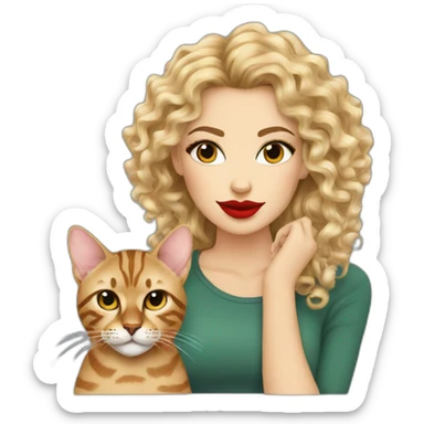 Pretty-curly-blonde-woman-red-lips-with-bengal-cat sticker