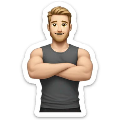 Full height Actively gesturing with hands Pale skinned Fit Man With the biceps and brown hair in dark gray Sleeveless Mike, black oversize sports shorts, watch and white Sneakers sticker