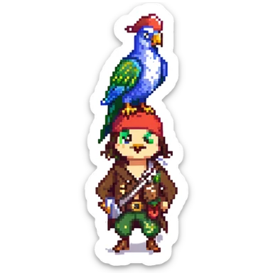 a pirate with a parrot on his shoulder, pixel art style sticker