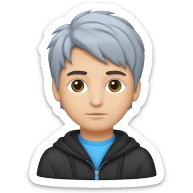 Crea un emoji a mezzo busto come ti ho già chiesto però di un ragazzo sulla 20ina ma che sembri più giovane, vestito con una felpa grigia. Occhi azzurri, capelli neri con il ciuffo davanti un po bagnato. sticker