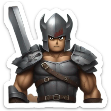 angry berserk guts carrying a huge sword on his shoulder framed on his bust sticker