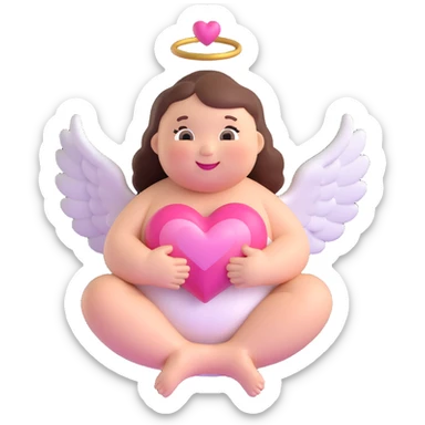 chubby angel hugging a pink heart, glossy finish, floating, small wings, smiling face sticker