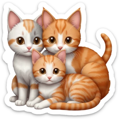 3 tiny kittens cuddling together all different colours, the first one is grey and white, the second is ginger and white and the third is brown tabby and white sticker