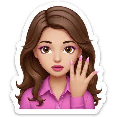 girl with long wavy brown hair, brown eyes, light to medium complexion, in a pink shirt, pink lips, long lashes, puckered lips,  showing  long finger nails sticker