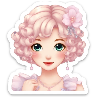 Gorgeous anime style lady with blushing face and accessories cottagecore fairycore Kawaii anime colorful pearly romantic aesthetic trending style sticker