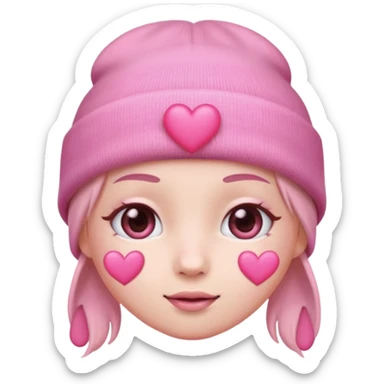 a pastel pink love face emoji with pink hearts in the eyes, pink beanie hat on  sticker